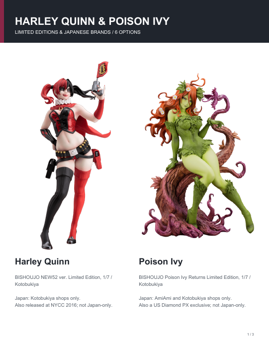 First page of Harley Quinn and Poison Ivy Japan Figure Guide